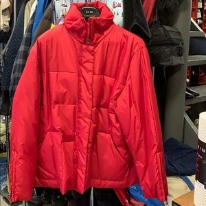 Red puffer jacket